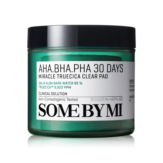 SOME BY MI AHA-BHA-PHA 30 Days Miracle Truecica Clear Pad (70 Pads) are facial cleansing pads from Some By Mi that gently exfoliate, control excess oil, and soothe the skin, leaving it clean and smooth.
