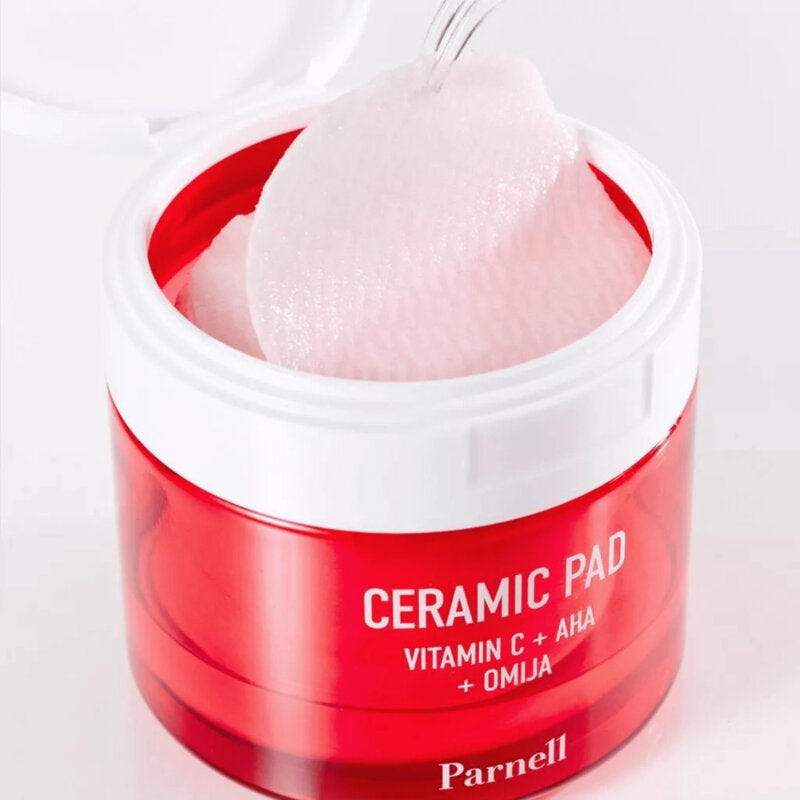 Parnell AHA Omija Ceramic Pads (60 Pads) are exfoliating toners that moisturize and smooth the skin.