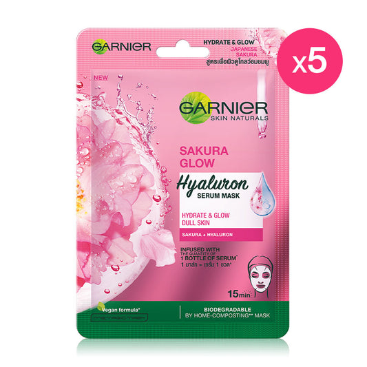 Garnier Skin Naturals Sakura Glow Hyaluron Serum Mask [28g (Pack of 5)