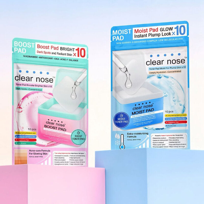 CLEAR NOSE Boost Pad Brightening Daily Booster 10 Pads: Intensive moisturizing pads from Clear Nose to boost skin strength, clarity, and elasticity x10 for a bright, glowing, and healthy complexion.