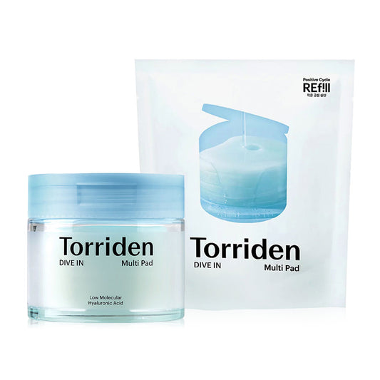 Torriden Dive In Low Molecular Hyaluronic Acid Multi Pad 80 Pads + Refill 80 Pads. These hypoallergenic toner pads from Torriden are available in both jar and refill versions. They provide deep hydration and cool the skin.