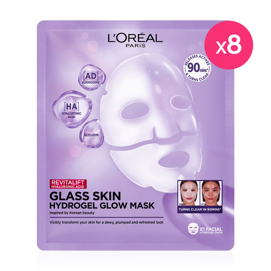 L'Oreal Paris Revitalift Hyaluronic Acid Glass Skin Hydrogel Glow Mask [25g (Pack of 8)